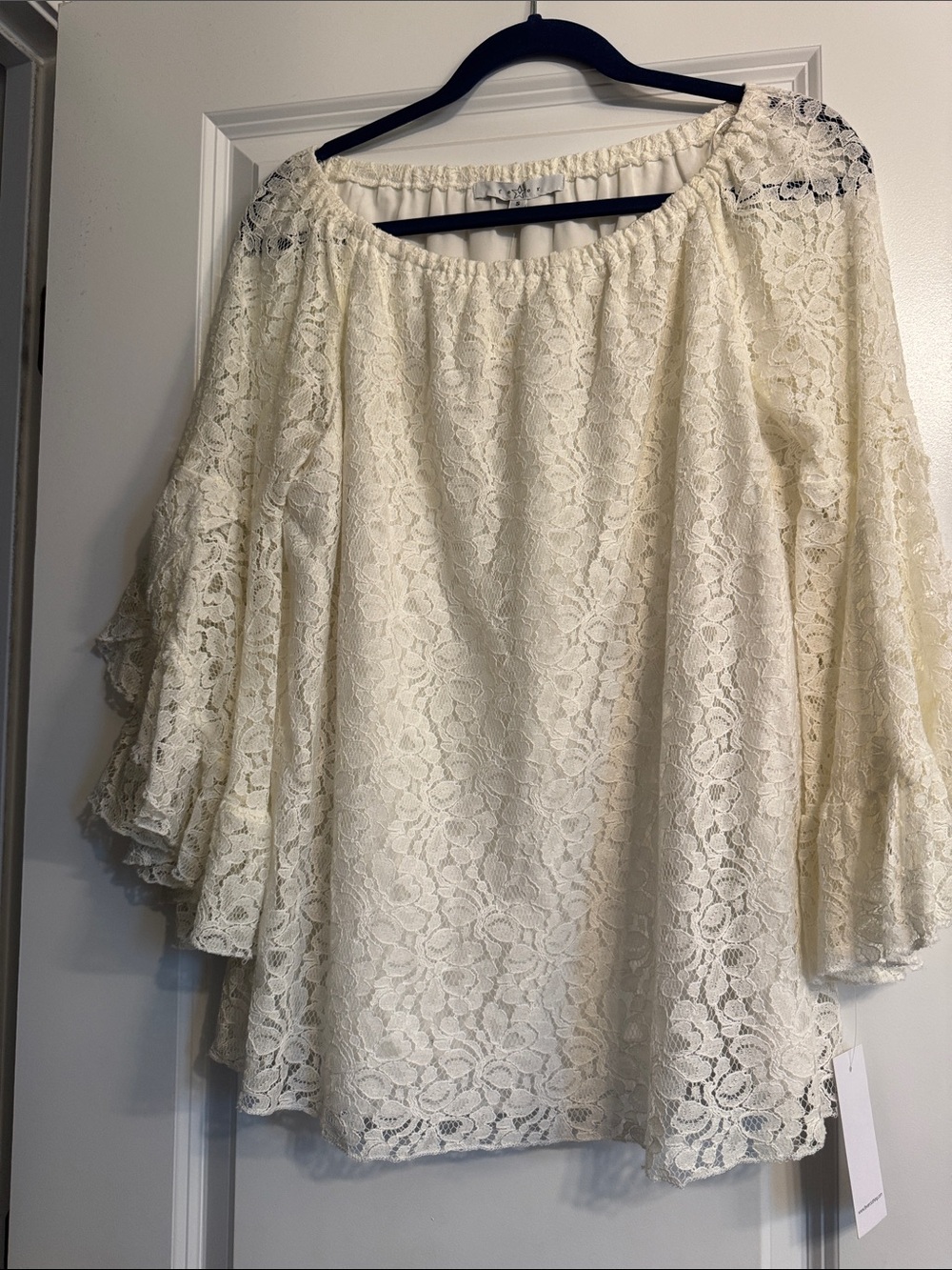 Fever Cream Lace Off-Shoulder Tunic with Bell Sleeves